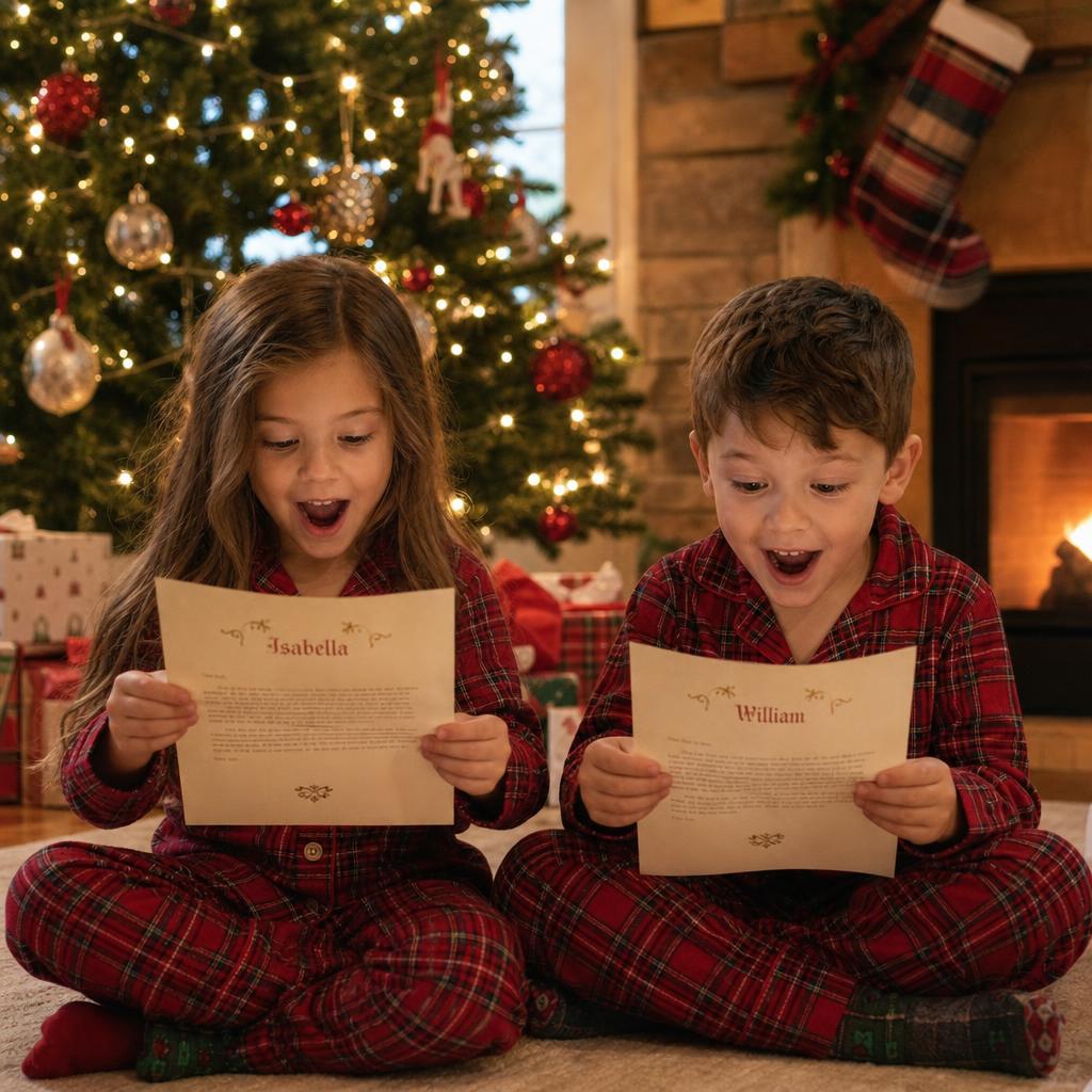 Two children reading their letters from Santa by the Christmas tree